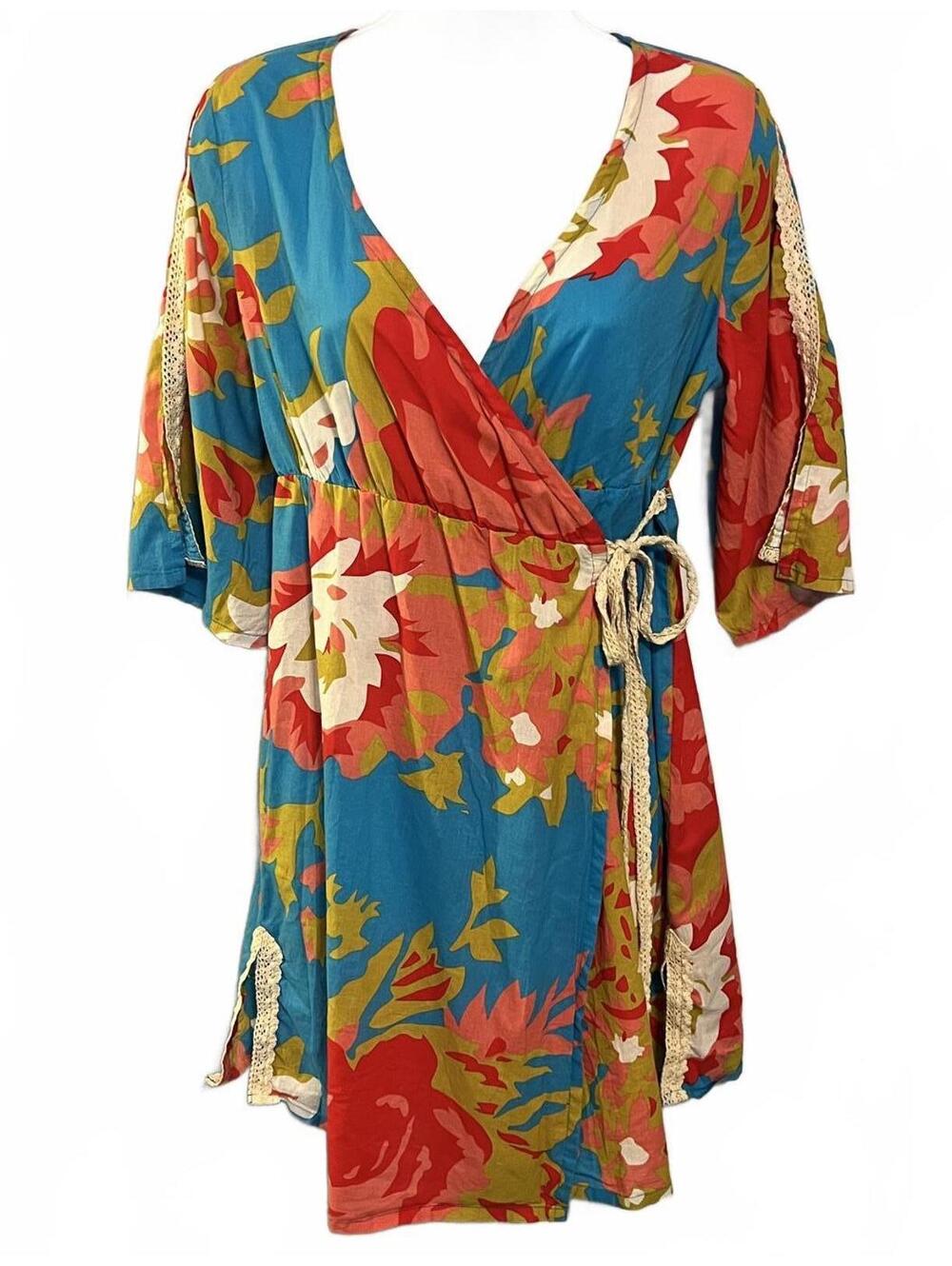 Porridge Anthropologie Boho Floral Cotton Resort Dress with Crochet Trim Size XS